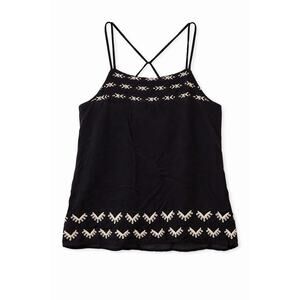 LOFT Black Boho Embroidered Strappy Tank Top Crisscross Back Size M